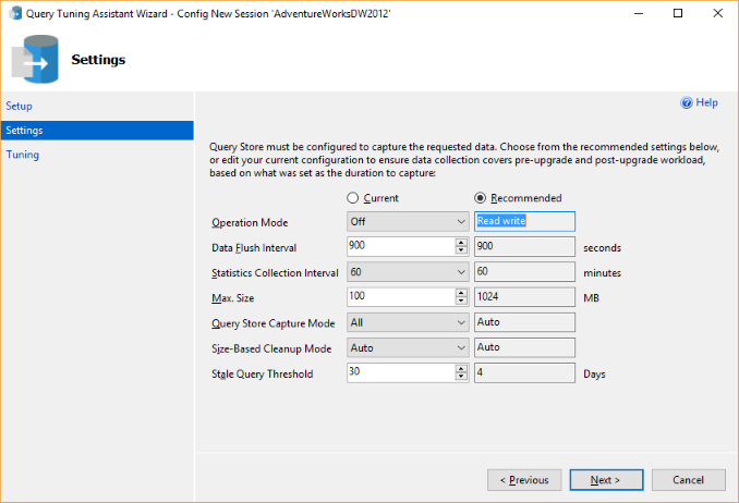 Nueva ventana de configuración de actualización de base de datos