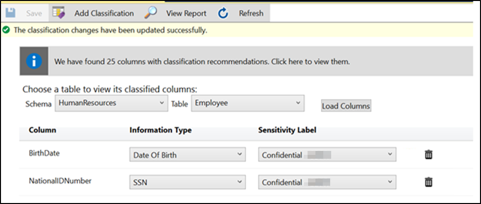 Captura de pantalla de la clasificación de datos de SSMS cargando columnas clasificadas.