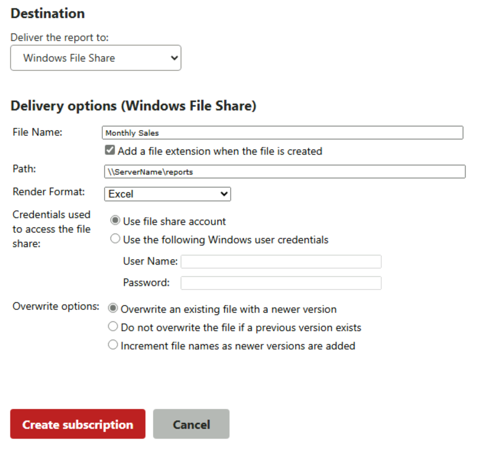 Captura de pantalla de la configuración de un archivo de suscripción compartida.