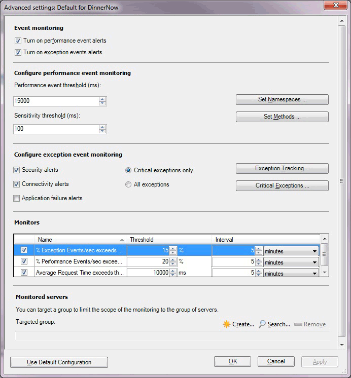 Captura de pantalla de la configuración avanzada para la supervisión del lado del servidor.