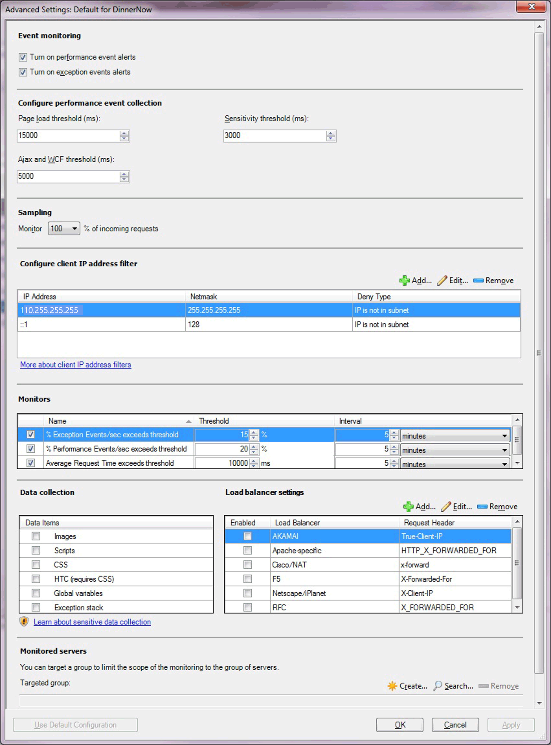 Captura de pantalla de la configuración avanzada del lado del cliente.