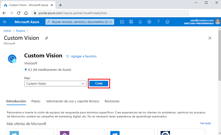 Captura de pantalla que muestra la búsqueda de plantillas de recurso de Custom Vision en Azure Portal.