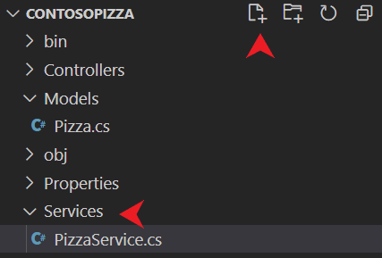 Captura de pantalla de Visual Studio Code de la incorporación de un nuevo archivo a la carpeta Services.