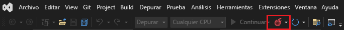 Captura de pantalla de la barra de herramientas depurar en Visual Studio con el botón Recarga activa resaltado.