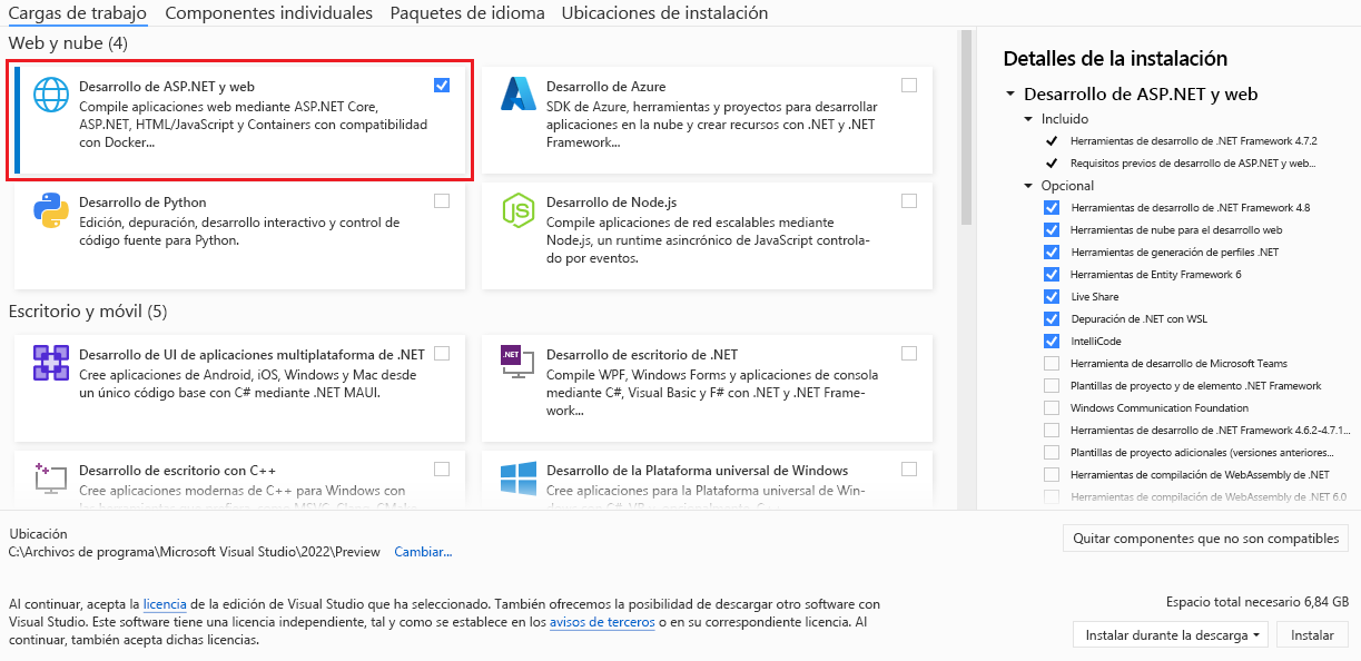 Captura de pantalla de la selección de la carga de trabajo ASP.NET y desarrollo web en el instalador de Visual Studio.