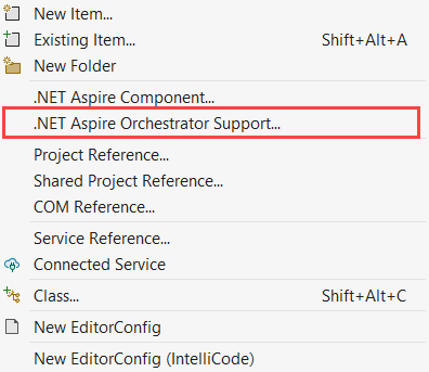 Captura de pantalla del menú Agregar que muestra la compatibilidad con Aspire Orchestrator de .NET resaltada.