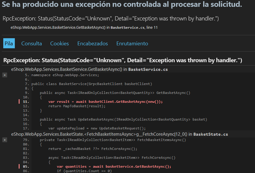 Captura de pantalla que muestra la excepción RpcException.