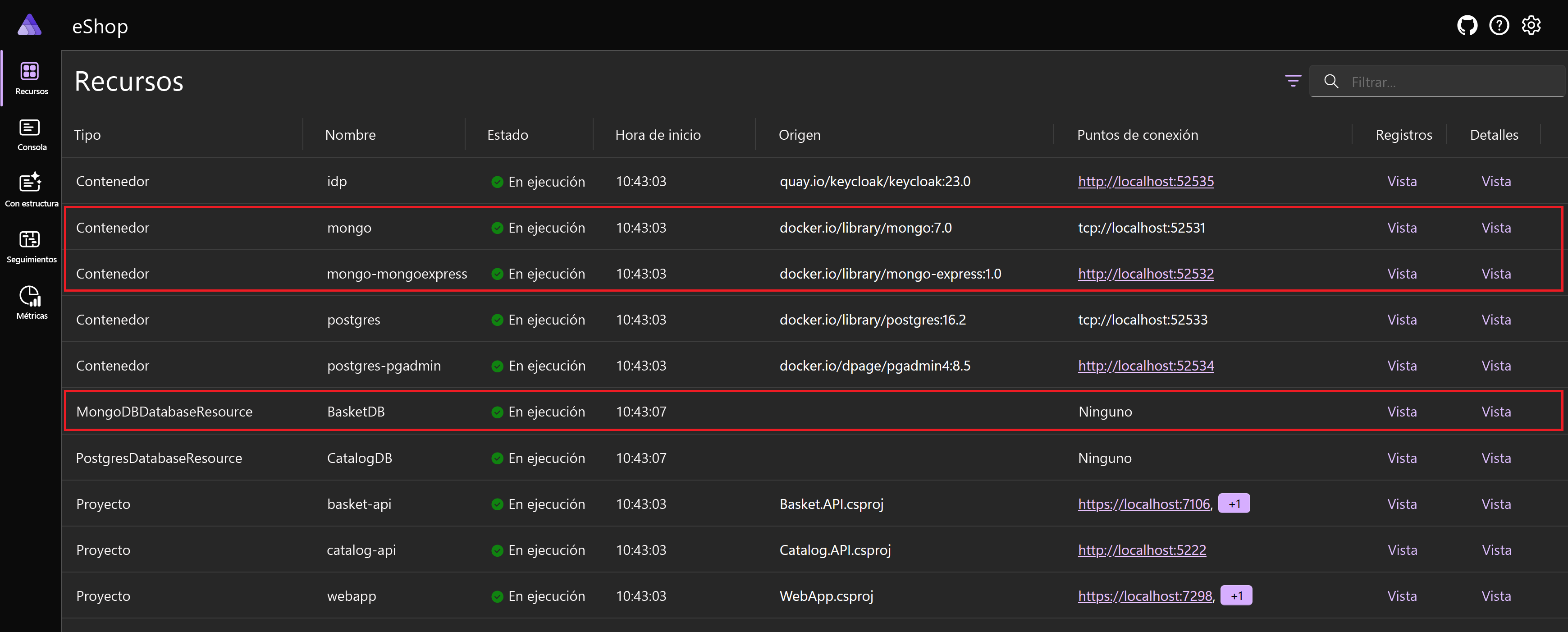 Captura de pantalla del panel de .NET Aspire, con los contenedores de MongoDB resaltados.