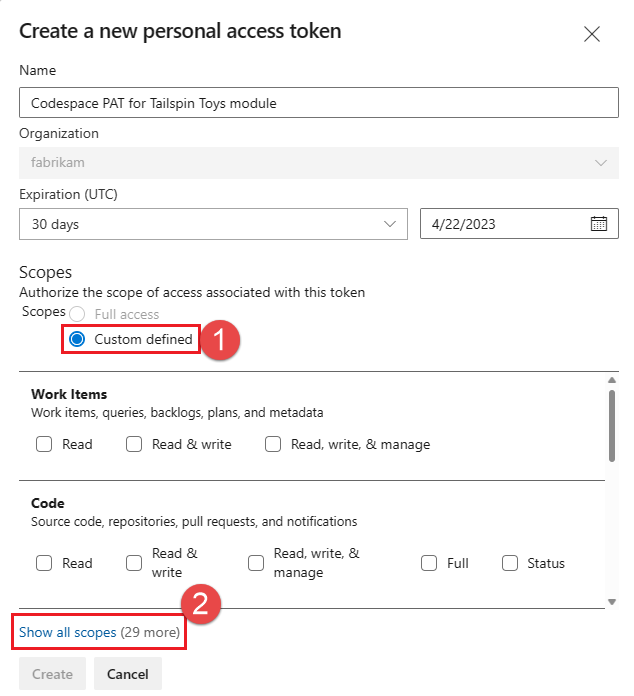 Captura de pantalla de la visualización de todos los ámbitos en un token de acceso personal.