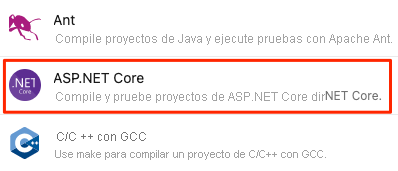 Captura de pantalla de la búsqueda de ASP.NET Core en la lista de tipos de aplicación proporcionados.