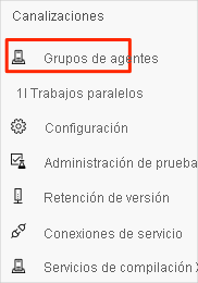 Captura de pantalla de la configuración del proyecto en Azure DevOps que muestra la ubicación del elemento de menú Grupos de agentes.