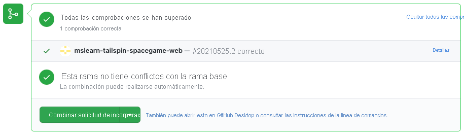 Captura de pantalla de GitHub en la que se muestran las comprobaciones de compilación correctas en Azure Pipelines.