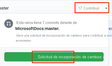 Captura de pantalla de GitHub en la que se muestra la ubicación del botón Abrir solicitud de incorporación de cambios.