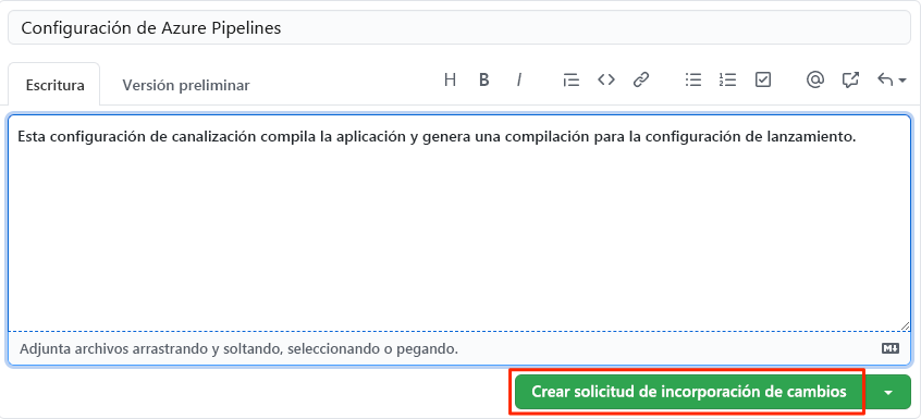 Captura de pantalla de GitHub en la que se muestra la descripción de la solicitud de incorporación de cambios y la ubicación del botón Crear solicitud de incorporación de cambios.