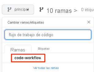 Captura de pantalla de GitHub en la que se muestra cómo seleccionar la rama en el menú desplegable.