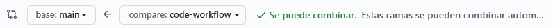 Captura de pantalla de GitHub en la que se confirma que la rama se puede fusionar mediante combinación.