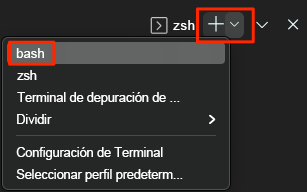 Captura de pantalla de la selección del shell de Bash en Visual Studio Code.