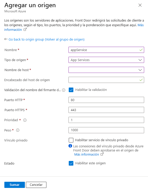 Screenshot of adding an App service origin setting in an origin group.