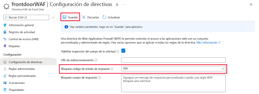 Screenshot of updating response code for blocked requests.