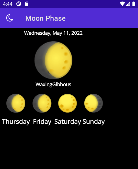 Captura de pantalla de la aplicación que se ejecuta en Android con un icono de luna que indica que hay un control flotante disponible.