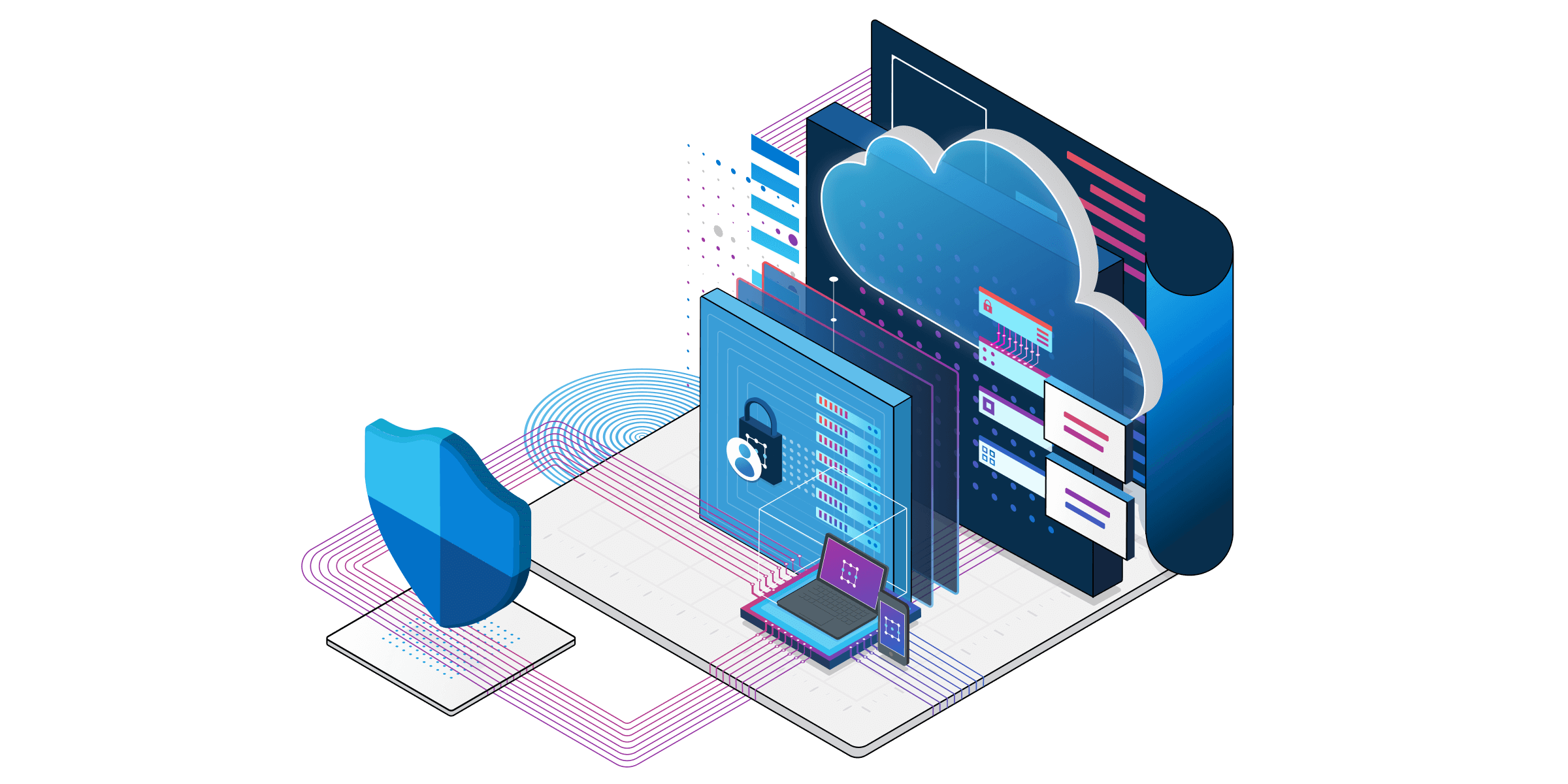 Ilustración isométrica de componentes técnicos para servicios Defender.