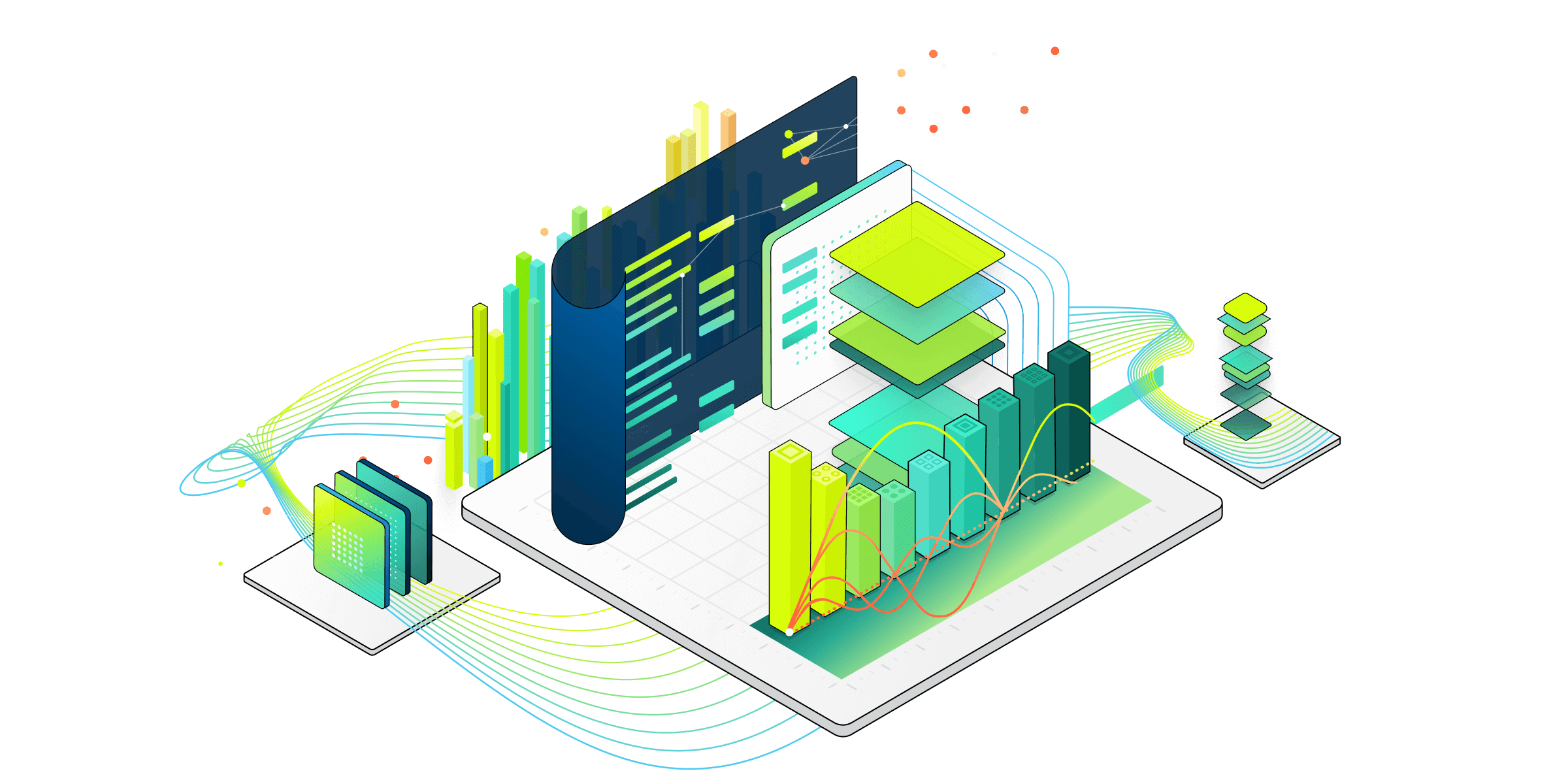 Ilustración isométrica de componentes técnicos para servicios de Fabric.