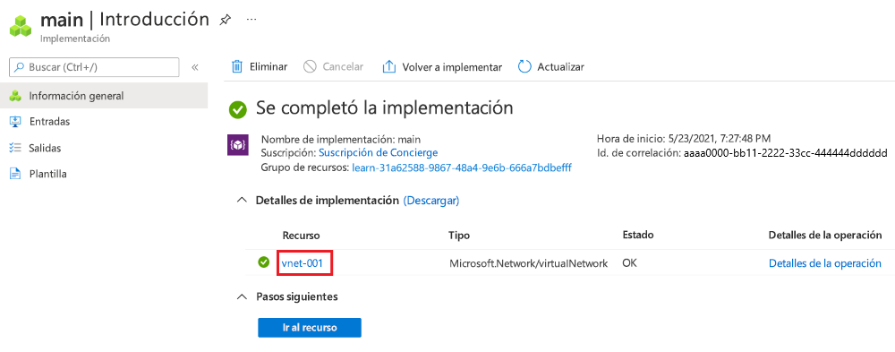 Captura de pantalla de la interfaz de Azure Portal de la implementación específica, con un recurso de red virtual enumerado.