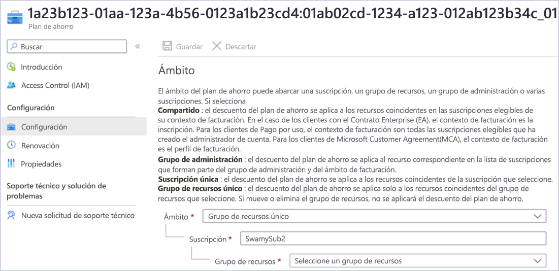 Captura de pantalla en la que se muestra la descripción del ámbito de un ámbito compartido, un grupo de administración, una suscripción o un grupo de recursos.