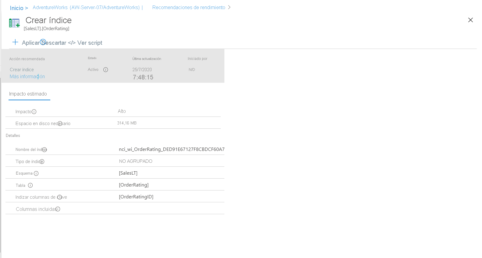 Captura de pantalla de la recomendación de creación de índices.
