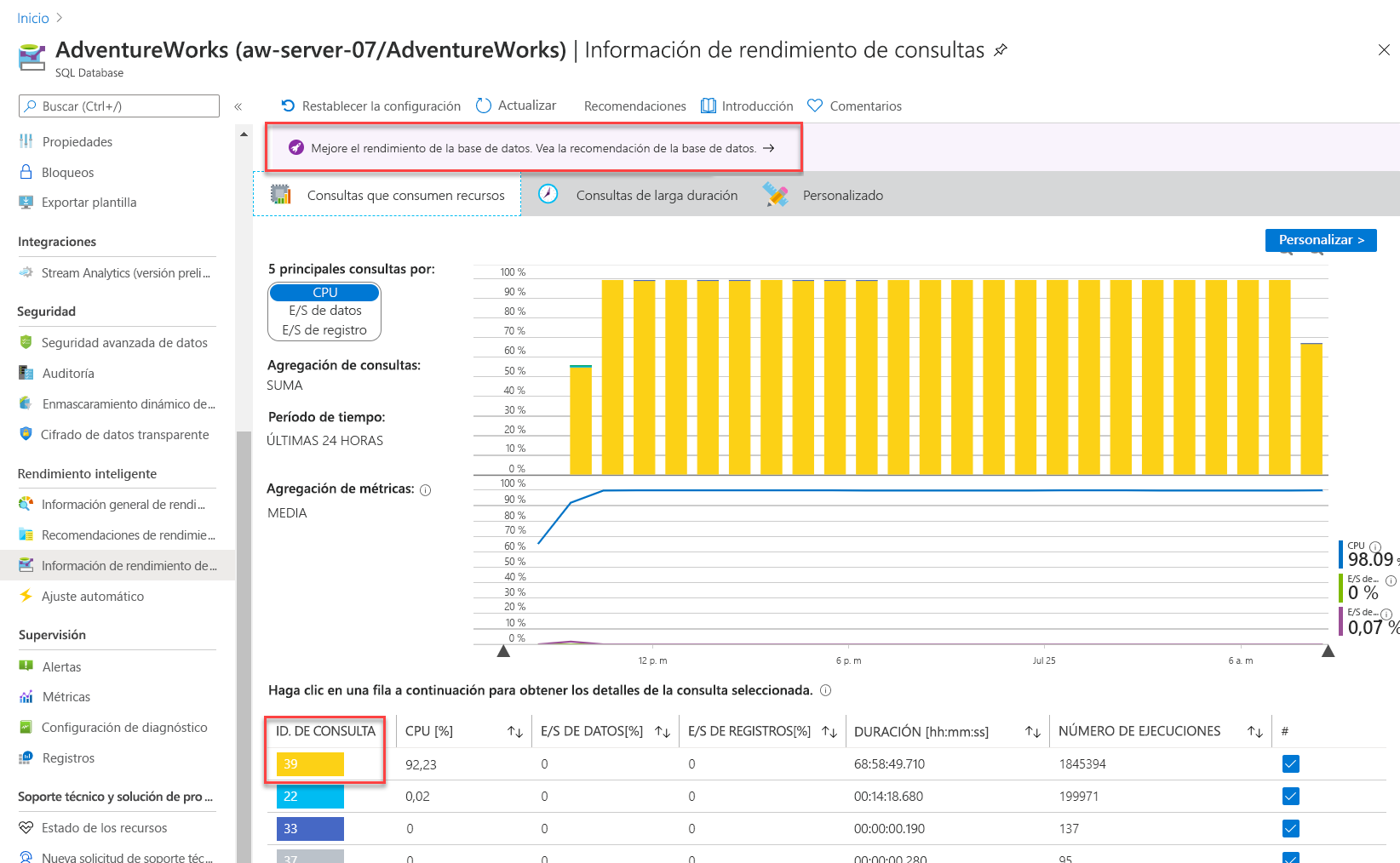 Captura de pantalla de Información de rendimiento de consultas.