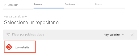 Captura de pantalla en la que se muestra la pestaña Configurar la canalización con el repositorio toy-website seleccionado.