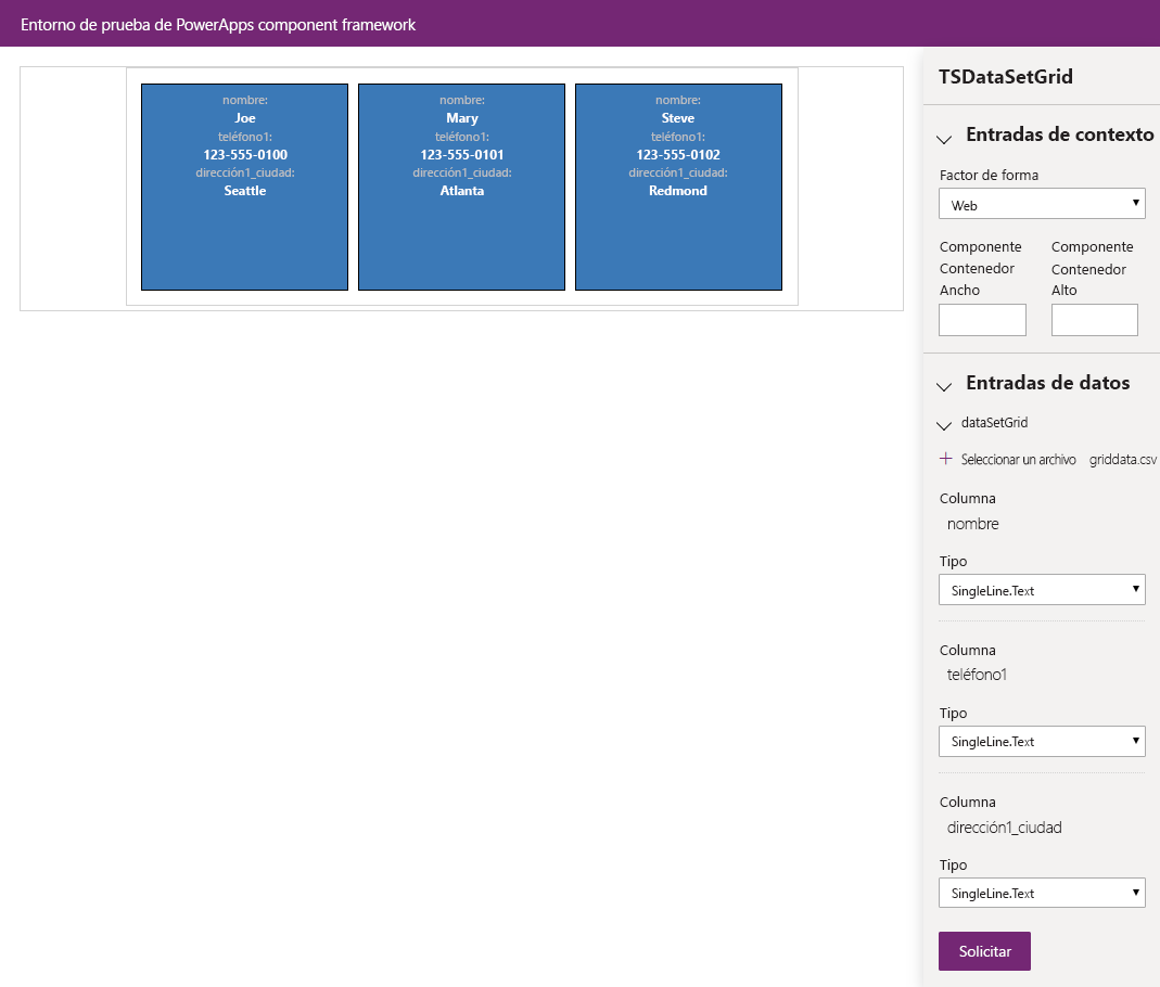 Captura de pantalla del CSV cargado correctamente y el componente con los registros del componente.