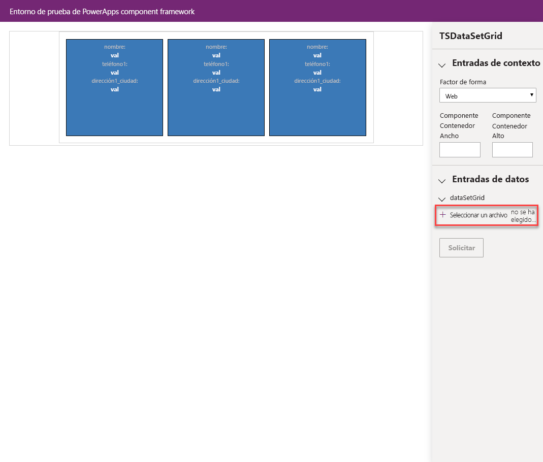 Captura de pantalla de las entradas de datos y Seleccionar un archivo