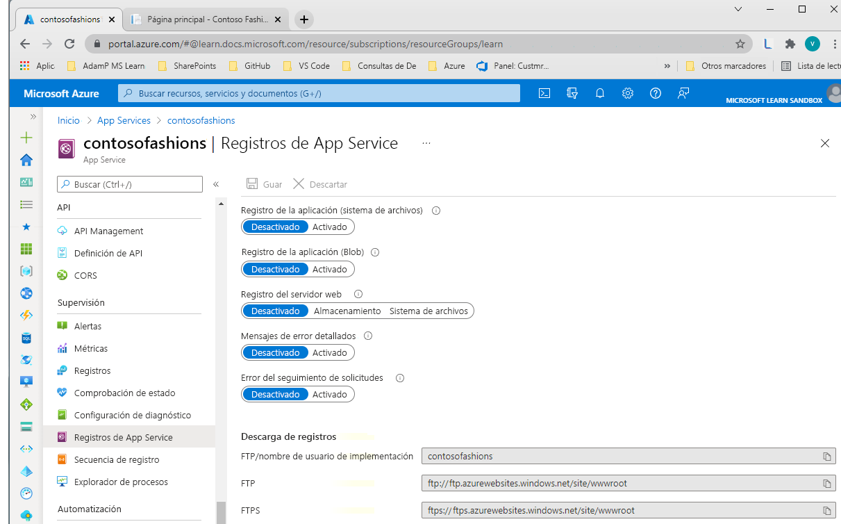 Captura de pantalla del panel Registros de diagnósticos de Azure Portal