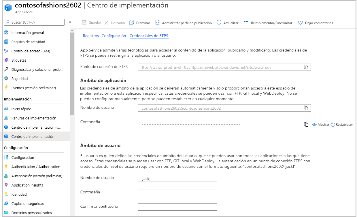 Captura de pantalla del panel Centro de implementación de App Service en el que se muestra la pestaña FTPS credentials (Credenciales de FTPS).