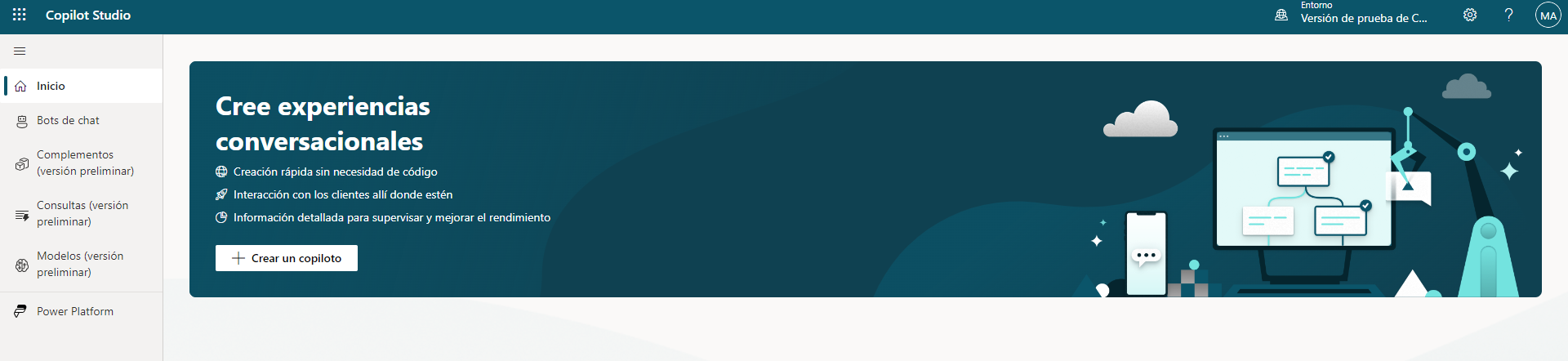 Captura de pantalla con la pantalla de inicio de Copilot Studio