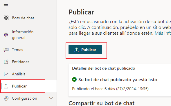 Captura de pantalla que muestra cómo implementar el bot en el sitio web de demostración