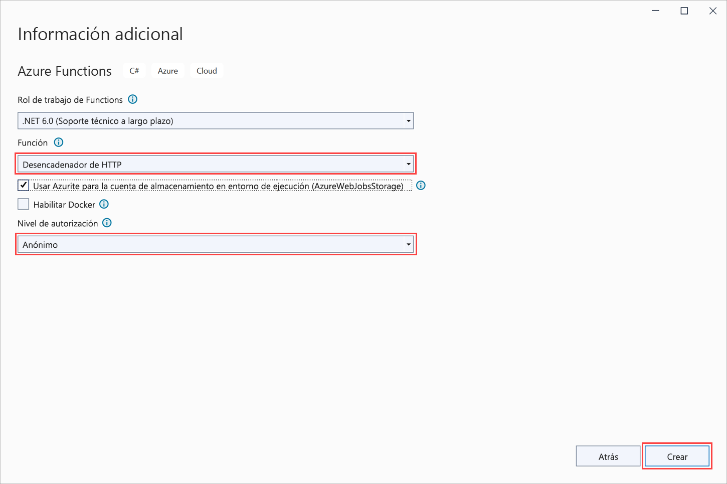 Captura de pantalla en la que se muestran los desencadenadores de Azure Functions, con Desencadenador de HTTP resaltado.