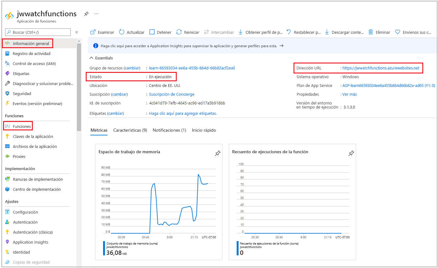 Captura de pantalla del panel Aplicación de funciones de Azure Portal en el que se muestran las funciones 