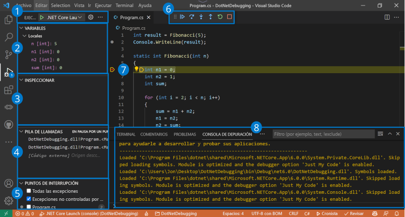 Screenshot of Visual Studio Code debugger overview.