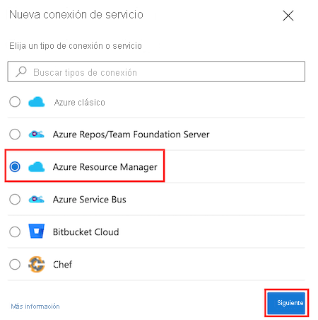 Captura de pantalla de Azure DevOps en la que se muestra el tipo de conexión de servicio de Azure Resource Manager resaltado.