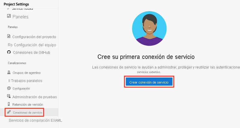 Captura de pantalla de Azure DevOps en la que se muestran selecciones para crear una conexión de servicio.