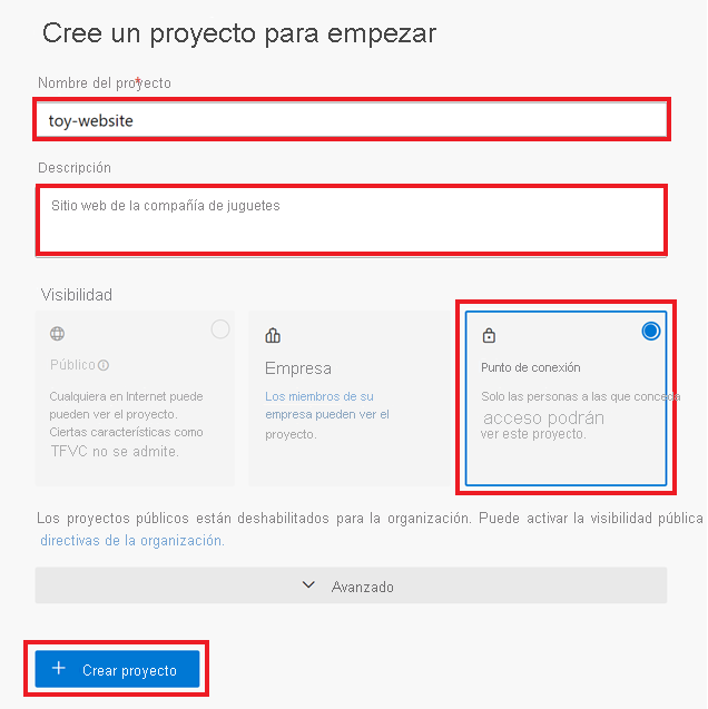 Captura de pantalla del panel Cree un proyecto para empezar de Azure DevOps, en la que se muestra el nombre del proyecto y las opciones de visibilidad resaltadas.