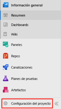 Captura de pantalla de Azure DevOps en la que se muestra el elemento de menú para la configuración del proyecto resaltado.