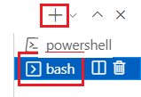 Captura de pantalla de la ventana de terminal de Visual Studio Code, con el terminal bash y el signo más seleccionados.