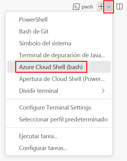 Captura de pantalla de la ventana de terminal de Visual Studio Code, en la que se muestra la lista desplegable de shell de terminal y la selección de Git Bash (valor predeterminado).