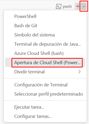 Captura de pantalla de la ventana de terminal de Visual Studio Code, en la que se muestra el menú desplegable de shell de terminal y PowerShell seleccionado.