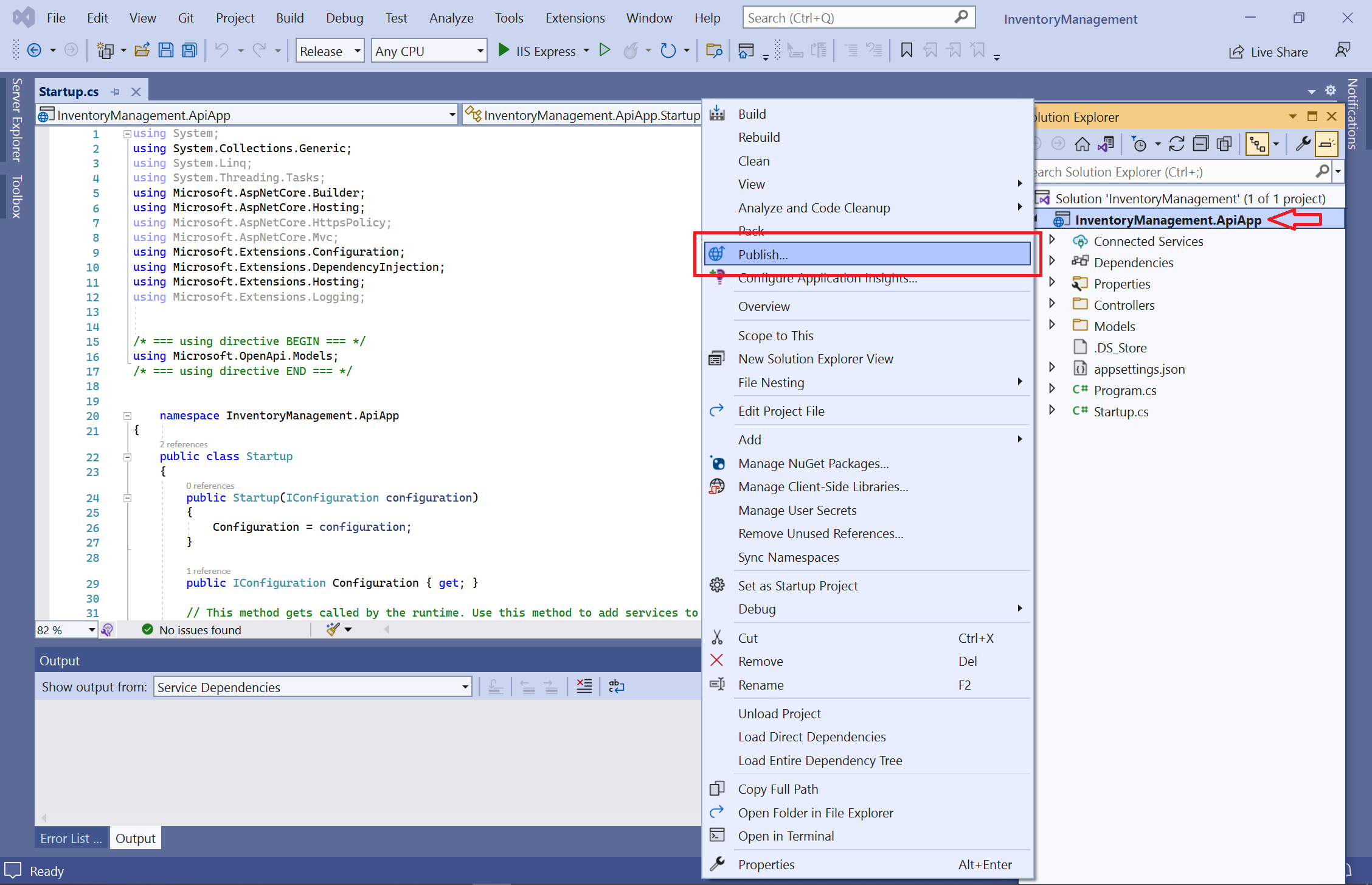 Hacer clic con el botón derecho en Publicar en Visual Studio