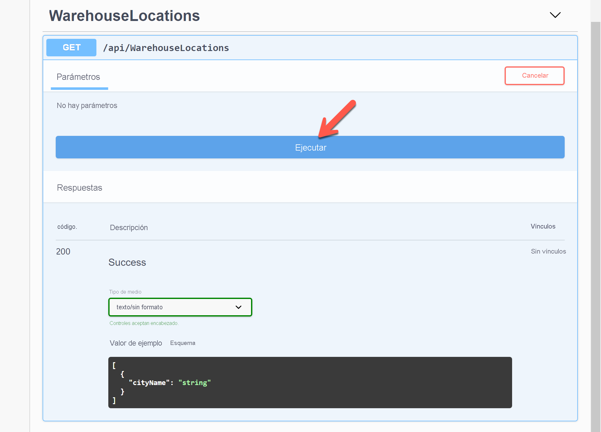 Página de la interfaz de usuario de Swagger: Execute (Ejecutar)