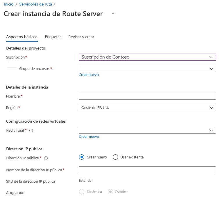 Captura de pantalla de la página Crear un servidor de rutas con la pestaña Aspectos básicos seleccionada.